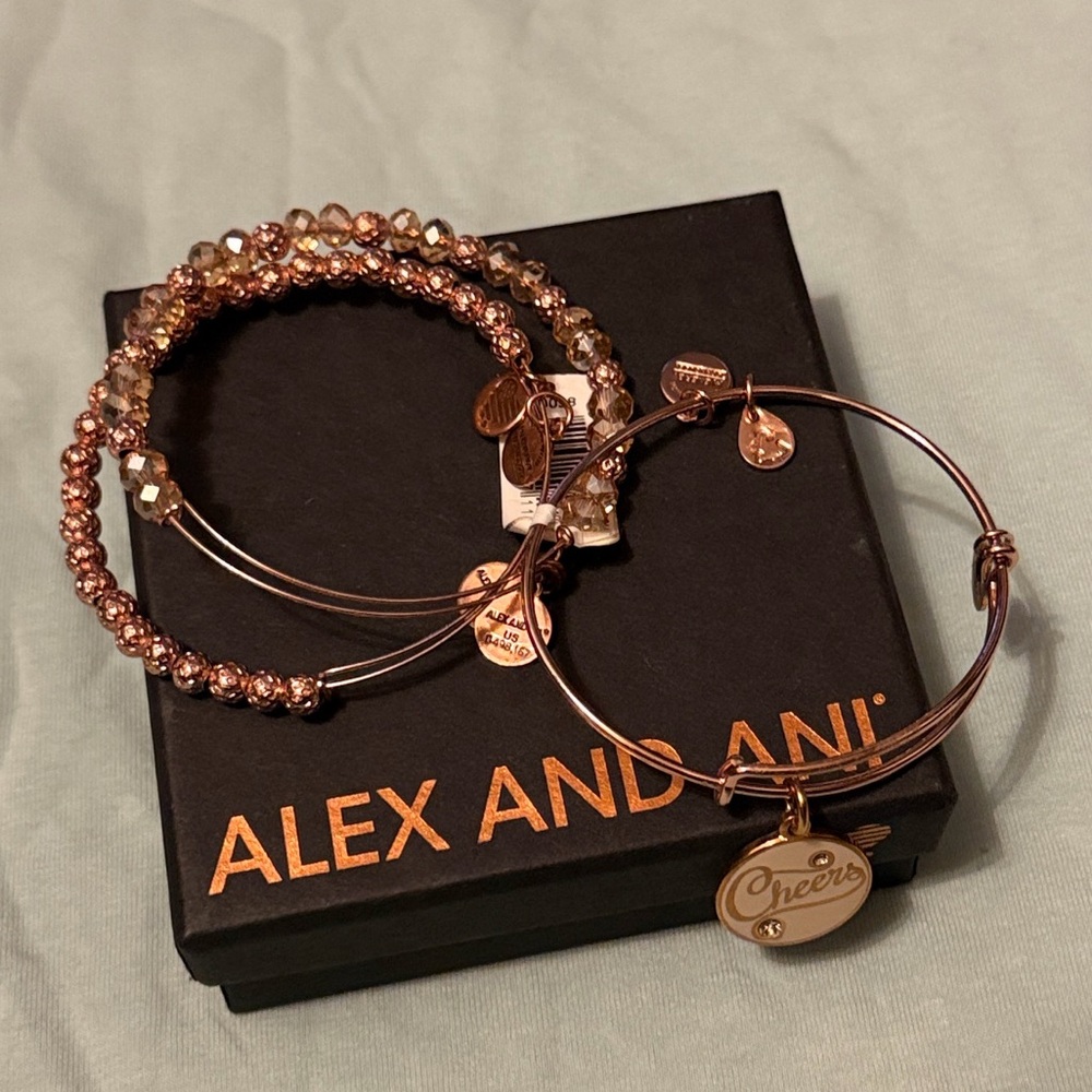 NEW SET Alex and Ani Cheers Charm Bracelet Rose Gold GIFT BOX CHAMPAGNE BEAD NWT - Picture 4 of 12